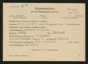Rückmeldeschein Wintersemester 1947/48. 27.9.1947