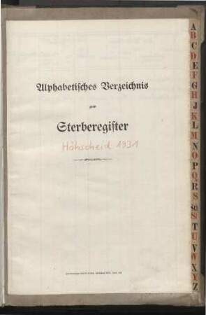Jahrestabellen 1931 Sterbefälle Höhscheid (aus Heiratsregister 1931)