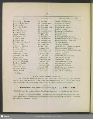 V. Verzeichniss der Lectionen im Schuljahre von 1876 bis 1877