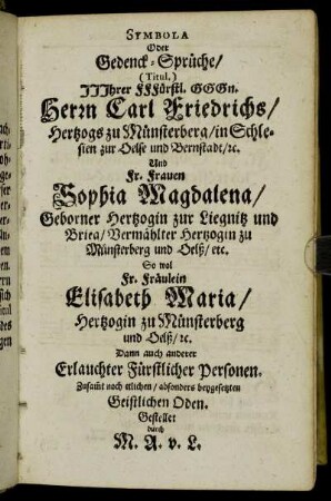 Symbola Oder Gedenck-Sprüche [...]