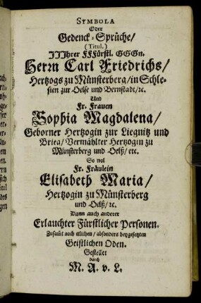 Symbola Oder Gedenck-Sprüche [...]