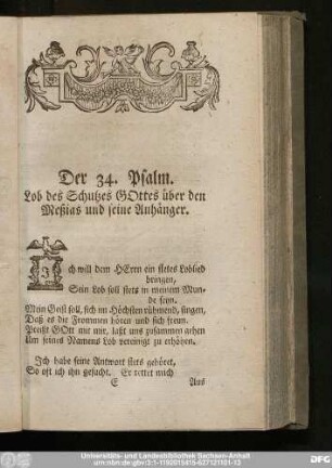 Der 34. Psalm. Lob des Schutzes Gottes über den Meßias und seine Anhänger.
