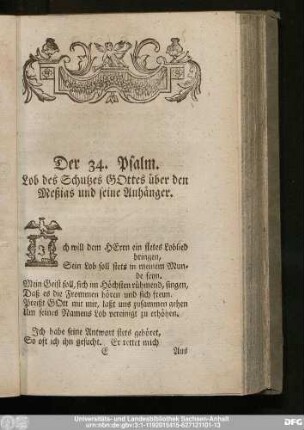 Der 34. Psalm. Lob des Schutzes Gottes über den Meßias und seine Anhänger.