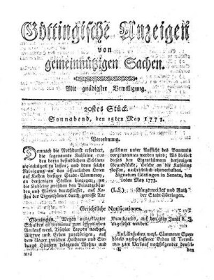 20stes Stück. Sonnabend, den 15ten May 1773.