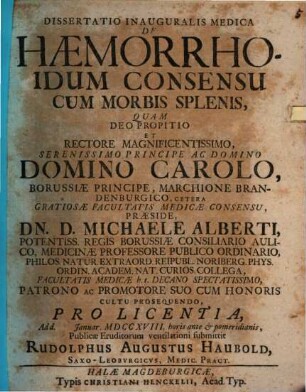 Dissertatio Inauguralis Medica De Haemorrhoidum Consensu Cum Morbis Splenis