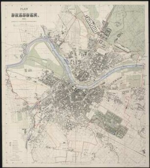 Plan von Dresden, 1:10 000, Lithographie, 1887 : Plan von Dresden. 1887. Bearb. vom Stadtvermessungsamt 1:10 000. Dresden: Kaufmann 1886. 72 x 82 cm (Lith.)