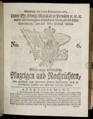No. 6. Montags, den 11ten Februarius 1765.