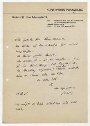 Brief von Kunstverein in Hamburg an Raoul Hausmann. Hamburg