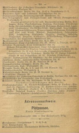 Adressennachweis von Plötzensee. Kreis Niederbarnim