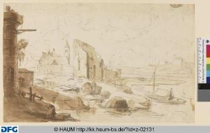 Kirche und verfallenes Haus am Wasser