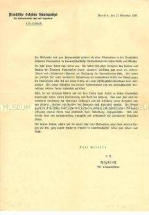 Rundschreiben mit einem Weihnachts- und Neujahrsgruß von SS-Gruppenführer Heydrich an die Mitarbeiter der Gestapo