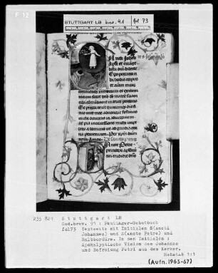 Gebetbuch des Konrad Peutinger — Textseite mit zwei historisierten Initialen, Folio 73recto