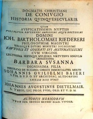 Dogmatis Christiani de coniugio historia quinque secularis