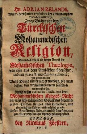 Zwei Bücher von der Türckischen oder Mohammedischen Religion : ... Uebersetzung