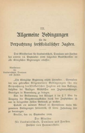 III. Allgemeine Bedingungen für die Verpachtung forstfiskalischer Jagden.