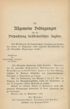 III. Allgemeine Bedingungen für die Verpachtung forstfiskalischer Jagden.