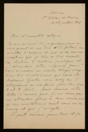 9: Brief von Rafael Altamira y Crevea an Otto von Gierke, Sn Estéban de Právia, 28.7.1908