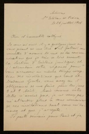 9: Brief von Rafael Altamira y Crevea an Otto von Gierke, Sn Estéban de Právia, 28.7.1908