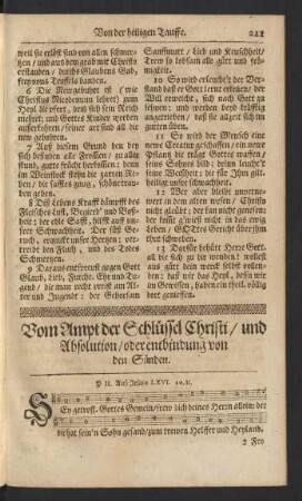 Vom Ampt der Schlüssel Christi/ und Absolution/ oder entbindung von den Sünden.