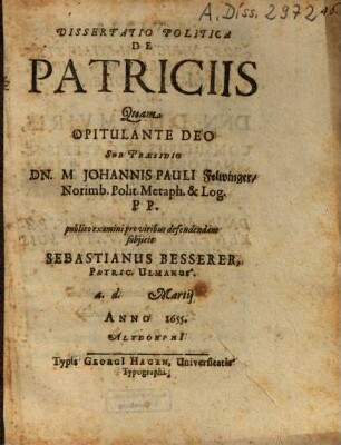 Dissertatio Politica De Patriciis