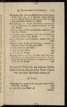 573-614, Incomplete Bücher, so aus mehrern Theilen bestehen, wovon aber nur einige Theile vorhanden, ...