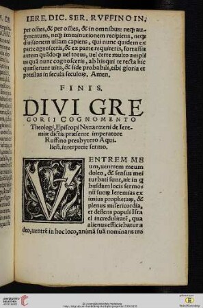 Divi Gregorii cognomento Theologi, episcopi Nazanzeni de Ieremiae dictis praesente imperatore Ruffino presbytero Aquilien. interprete sermo