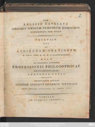 Nvm Religio Revelata Omnibvs Omnivm Temporvm Hominibvs Accommodata Esse Possit : Prolvsio Qva Ad Avdiendam Orationem D. XXII. Ivn. A. R. S. MDCCLXXXXVI. H. L. Q. C. In Academia Lipsiensi Professionis Philosophicae ... Recitandam Observanter