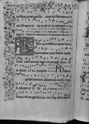 Antiphonarium (Benediktinerhandschrift) — Textseite mit historisierter Initiale und einer Lautespielerin in der Bordüre, Folio 36 recto?