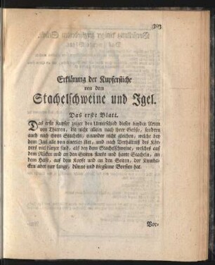Erklärung der Kupferstiche von dem Stachelschweine und Igel