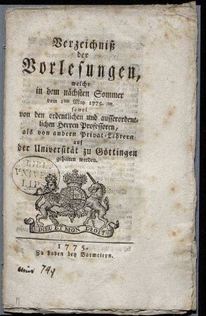 SS 1775: Verzeichnis der Vorlesungen // Georg-August-Universität Göttingen