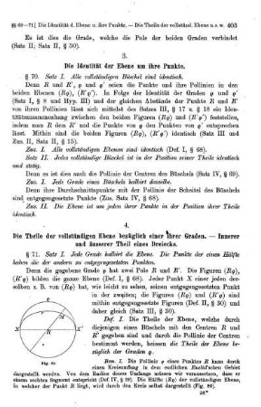 4. Die Theile der vollständigen Ebene bezüglich einer ihrer Graden. - Innerer und äusserer Theil eines Dreiecks.