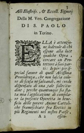 Alli Illustriss., & Eccell. Signori Della M. Ven. Congregazione di S. Paolo in Torino.