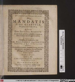 Disputatio Inauguralis De Mandatis Sine Clausula : Ad part. 2. ord. Cam. tit. 23.