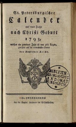 1793: St. Petersburgischer Calender auf das Jahr nach Christi Geburt 1793