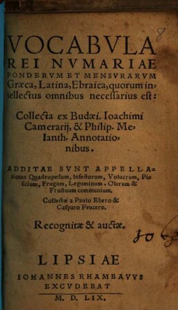 Vocabula rei numariae, ponderum et mensurarum Graeca, Latina, Ebraica, quorum intellectus omnibus necessarius est