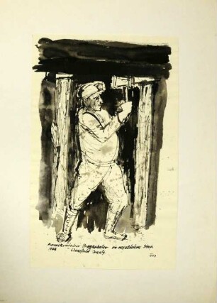 Zeichnung, "Amerikanischer Bergarbeiter in veraltetem Streb, Clearfield County / American miner in old pit"
