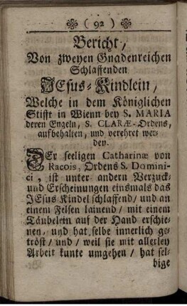 Bericht, Von zweyen Gnadenreichen Schlaffenden Jesus-Kindlein, Welche in dem Königlichen Stifft in Wienn ...