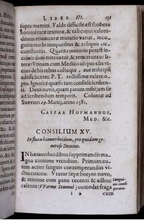 Consilium XV. In fluxu haemorrhoidum, pro quodam generoso Domino