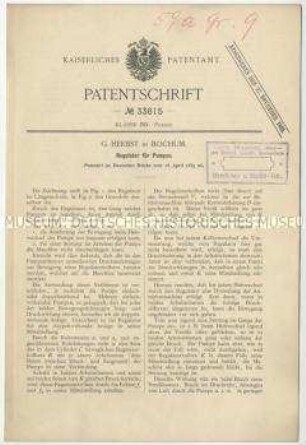 Patentschrift eines Regulators für Pumpen, Patent-Nr. 33815
