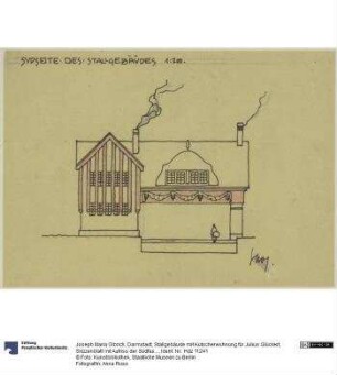 Darmstadt, Stallgebäude mit Kutscherwohnung für Julius Glückert, Skizzenblatt mit Aufriss der Südfassade