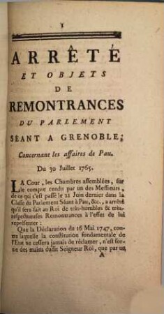 Objets De Remontrances Du Parlement De Grenoble, Concernant les affaires de Pau