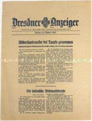 Nachrichtenblatt "Dresdner Anzeiger" mit Meldungen des Oberkommandos der Wehrmacht und des italienischen Oberkommandos u.a. zum Kriegsgeschehen an der Ostfront