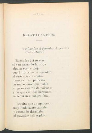 Relato campero : A mi amigo el payador argentino José Betinoti.