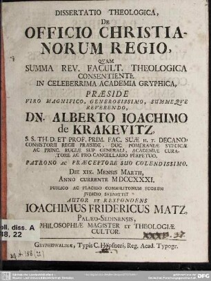 Dissertatio Theologica, De Officio Christianorum Regio