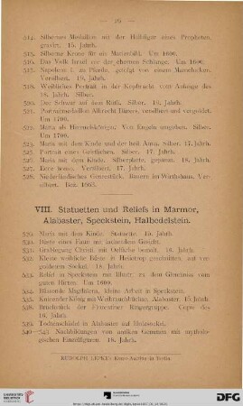 VIII. Statuetten und Reliefs in Marmor, Alabaster, Speckstein, Halbedelstein (Nr. 529 - 562)