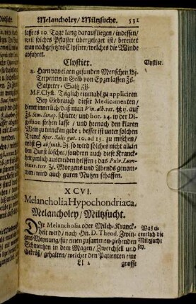 XCVI. Melancholia Hypochondriaca. Melancholey/ Miltzsucht. - C. Hectica, Schwindsucht.
