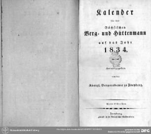 1834: Jahrbuch für das Berg- und Hüttenwesen in Sachsen