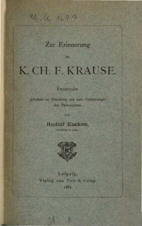 Zur Erinnerung an K. Ch. F. Krause : Festrede gehalten zu Eisenberg am 100. Geburtstage des Philosophen