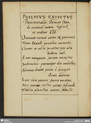 Psalmus Quintus Poenitentialis, [...] Qui est in ordine CII.