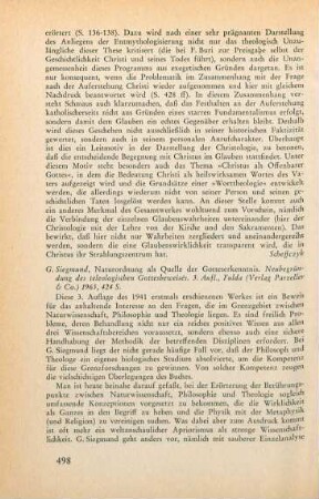 498-500 [Rezension] Siegmund, Georg, Naturordnung als Quelle der Gotteserkenntnis